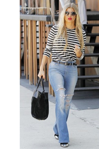 Fergie wearing Black Velvet Tote Bag, Silver Leather Ankle Boots, Light Blue Ripped Flare Jeans, White and Black Horizontal Striped Long Sleeve T-shirt