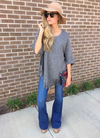 Women's Multi colored Embroidered Clutch, Beige Leather Ankle Boots, Blue Flare Jeans, Grey Poncho
