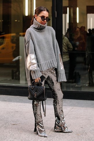 Grey Knit Wool Turtleneck Outfits For Women: 