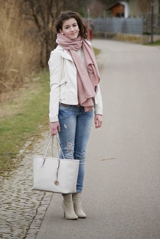 Women's White Leather Tote Bag, Grey Leather Ankle Boots, Light Blue Jeans, White Leather Biker Jacket