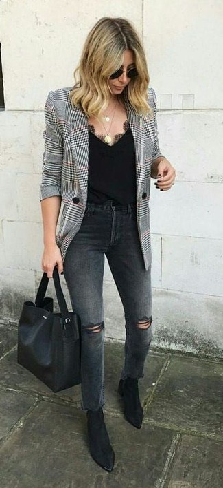 Women's Black Leather Tote Bag, Black Suede Ankle Boots, Charcoal Ripped Jeans, White and Black Houndstooth Blazer