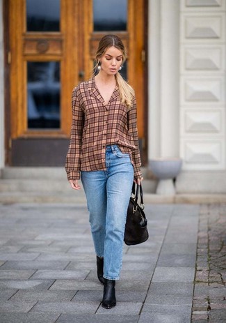 Brown Plaid Dress Shirt Outfits For Women: 