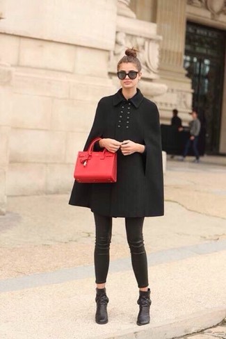Women's Red Leather Satchel Bag, Black Leather Ankle Boots, Black Leather Leggings, Black Cape Coat
