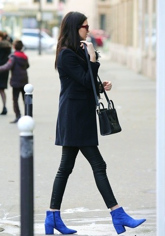 Women's Black Leather Crossbody Bag, Blue Suede Ankle Boots, Black Leather Leggings, Navy Coat