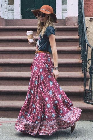 Burgundy Floral Maxi Skirt Outfits: 