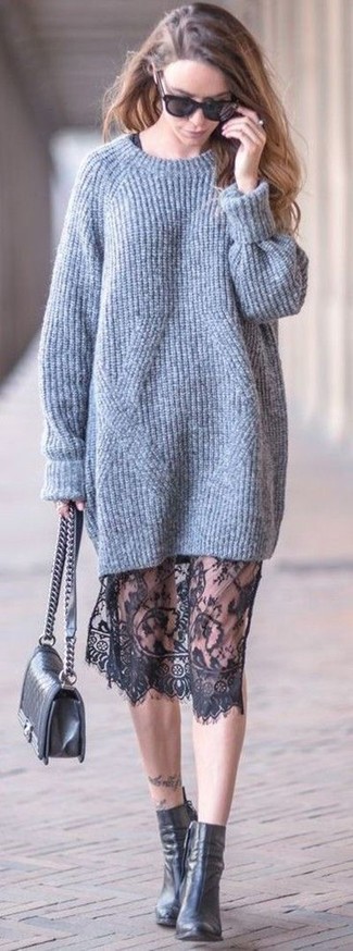 Grey Knit Oversized Sweater Outfits: 
