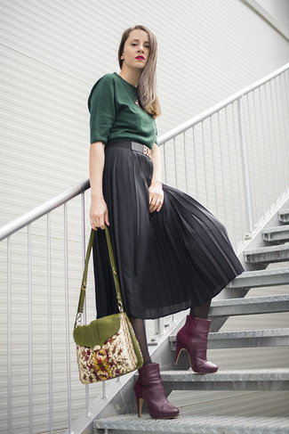 Women's Olive Embroidered Crossbody Bag, Purple Leather Ankle Boots, Black Pleated Chiffon Midi Skirt, Dark Green Short Sleeve Sweater