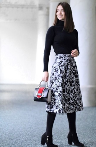 Women's Black Leather Handbag, Black Suede Ankle Boots, Black and White Print Midi Skirt, Black Turtleneck