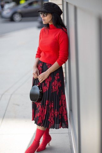 Women's Black Leather Clutch, Red Elastic Ankle Boots, Red and Black Floral Midi Skirt, Red Turtleneck