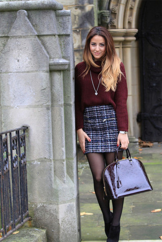 Women's Burgundy Leather Satchel Bag, Black Suede Ankle Boots, Navy Tweed Mini Skirt, Burgundy Cowl-neck Sweater