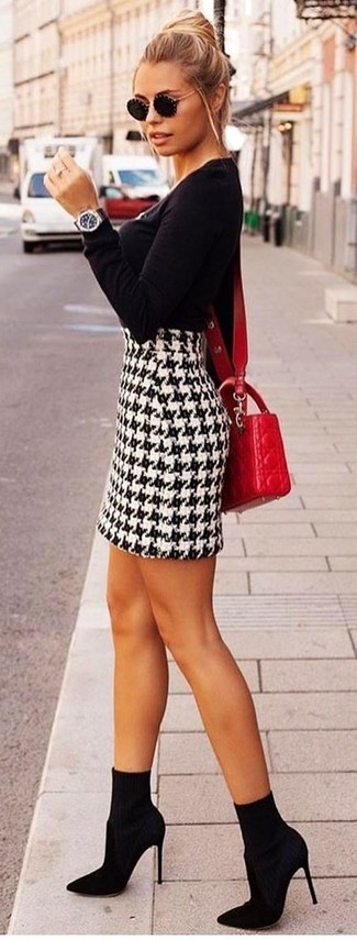 Women's Red Quilted Leather Crossbody Bag, Black Elastic Ankle Boots, White and Black Houndstooth Mini Skirt, Black Crew-neck Sweater