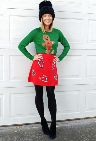 Women's Black Knit Beanie, Black Suede Ankle Boots, Red Wool Mini Skirt, Green Christmas Crew-neck Sweater