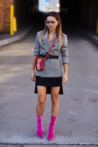Women's Red Leather Crossbody Bag, Hot Pink Velvet Ankle Boots, Black Mini Skirt, Grey Check Double Breasted Blazer
