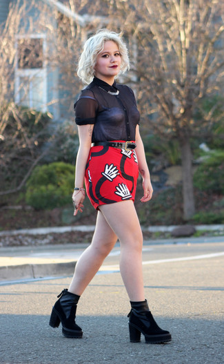 Women's Black Leather Belt, Black Suede Ankle Boots, Red Print Mini Skirt, Black Chiffon Short Sleeve Blouse