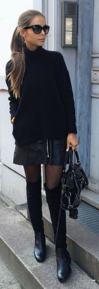 Women's Black Leather Satchel Bag, Black Suede Ankle Boots, Black Leather Mini Skirt, Black Knit Turtleneck