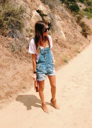 Women's Tan Leather Clutch, Tan Suede Ankle Boots, Light Blue Denim Overall Shorts, White Crew-neck T-shirt