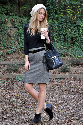 Charcoal Wool Pencil Skirt Outfits: 