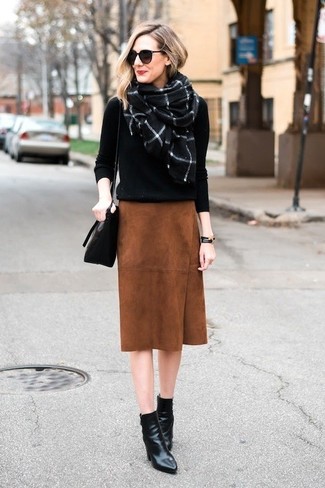 Women's Black Leather Crossbody Bag, Black Leather Ankle Boots, Tobacco Suede Pencil Skirt, Black Crew-neck Sweater