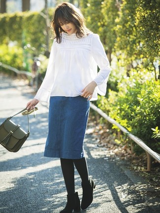 Women's Olive Leather Crossbody Bag, Black Suede Ankle Boots, Blue Denim Pencil Skirt, White Long Sleeve Blouse