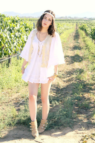 Women's White Headband, Beige Suede Ankle Boots, White Embroidered Playsuit, Gold Crochet Vest