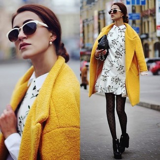 Women's Black Quilted Leather Satchel Bag, Black Chunky Leather Ankle Boots, White and Black Floral Shift Dress, Yellow Coat