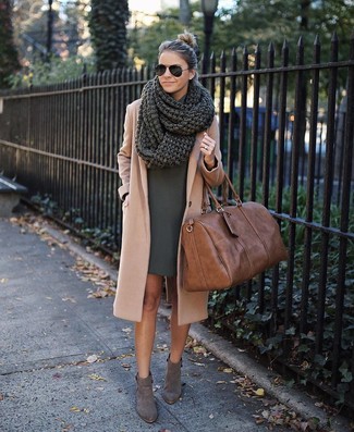 Women's Brown Leather Duffle Bag, Grey Suede Ankle Boots, Dark Green Shift Dress, Camel Coat