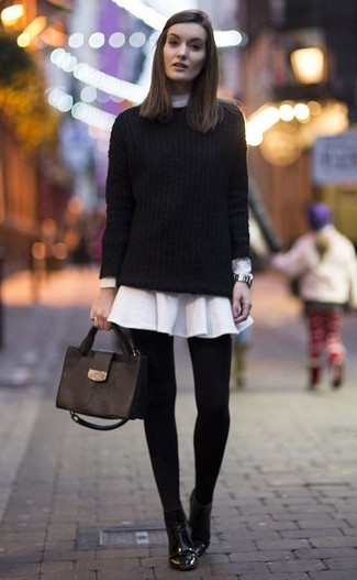 Women's Black Leather Satchel Bag, Black Leather Ankle Boots, White Shirtdress, Black Cable Sweater