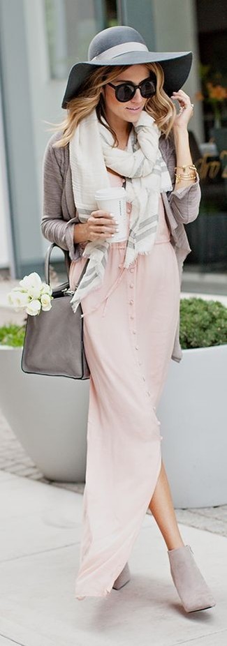 Women's Grey Leather Satchel Bag, Grey Suede Ankle Boots, Pink Shirtdress, Grey Open Cardigan