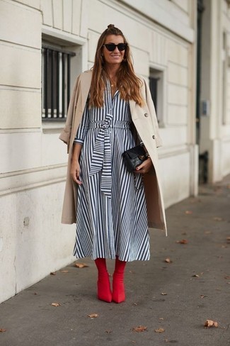 White and Blue Vertical Striped Shirtdress Outfits: 