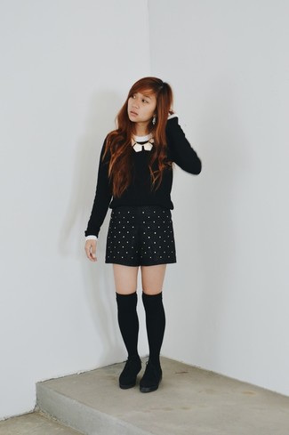 Women's Black Knee High Socks, Black Suede Ankle Boots, Black Studded Leather Shorts, Black and White Crew-neck Sweater