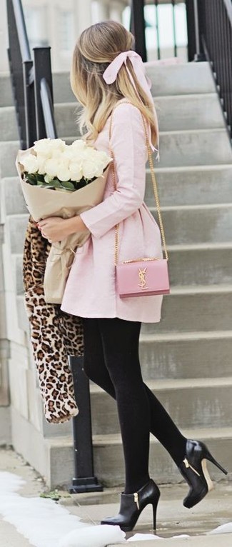 Women's Pink Leather Crossbody Bag, Black Leather Ankle Boots, Pink Skater Dress, Beige Leopard Fur Jacket