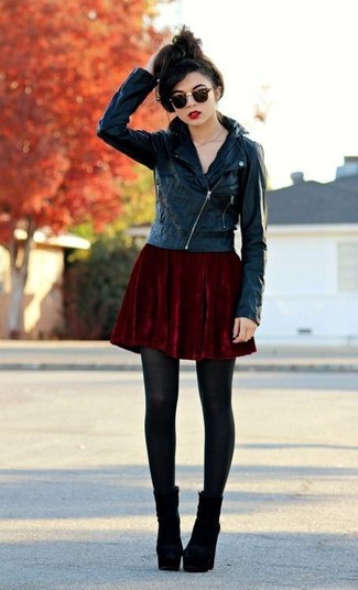 Burgundy Velvet Skater Skirt Outfits: 