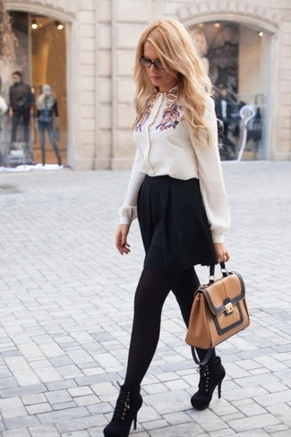 Women's Tan Leather Satchel Bag, Black Suede Ankle Boots, Black Skater Skirt, White Embroidered Button Down Blouse
