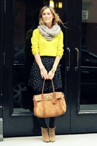 Women's Tan Leather Satchel Bag, Tan Suede Ankle Boots, Black and White Polka Dot Skater Skirt, Yellow Crew-neck Sweater