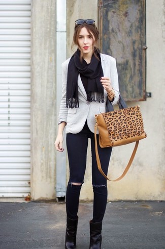 Women's Tan Leopard Suede Tote Bag, Black Leather Ankle Boots, Black Ripped Skinny Jeans, Grey Blazer
