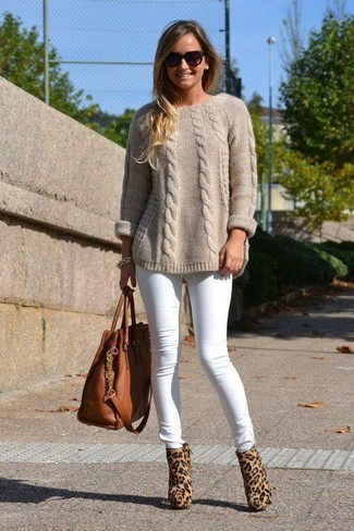Women's Brown Leather Tote Bag, Tan Leopard Calf Hair Ankle Boots, White Skinny Jeans, Beige Cable Sweater