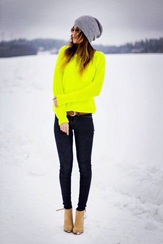 Women's Grey Beanie, Tan Suede Ankle Boots, Navy Skinny Jeans, Green-Yellow Crew-neck Sweater