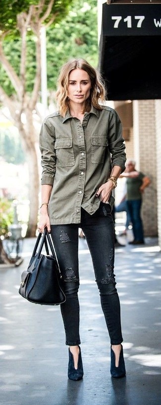 Olive Denim Shirt Outfits For Women: 