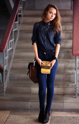 Women's Dark Brown Leather Satchel Bag, Black Leather Ankle Boots, Blue Skinny Jeans, Navy Denim Shirt