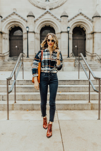Multi colored Plaid Dress Shirt Outfits For Women: 
