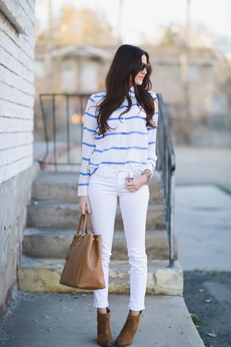 Women's Brown Leather Tote Bag, Brown Leather Ankle Boots, White Skinny Jeans, White and Blue Horizontal Striped Long Sleeve Blouse