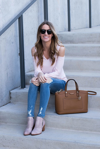 Women's Brown Leather Tote Bag, Pink Leather Ankle Boots, Blue Ripped Skinny Jeans, Pink Long Sleeve T-shirt