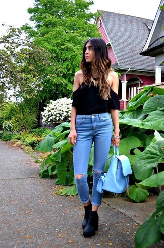 Women's Light Blue Leather Backpack, Black Chunky Leather Ankle Boots, Blue Ripped Skinny Jeans, Black Off Shoulder Top