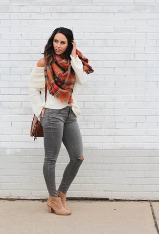 Women's Brown Leather Crossbody Bag, Tan Leather Ankle Boots, Grey Ripped Skinny Jeans, White Knit Off Shoulder Top