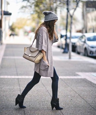 Women's Grey Leather Satchel Bag, Black Leather Ankle Boots, Black Skinny Jeans, Grey Knit Open Cardigan