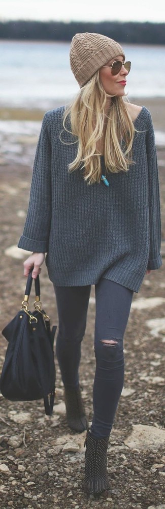 Charcoal Knit Oversized Sweater Outfits: 