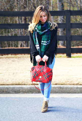 Women's Red Plaid Canvas Tote Bag, Tan Leopard Suede Ankle Boots, Light Blue Ripped Skinny Jeans, Black Oversized Sweater