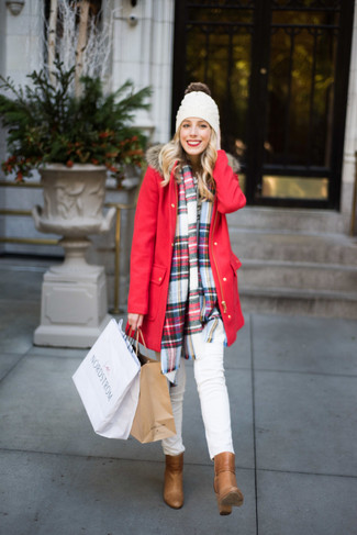 Women's White Beanie, Tan Leather Ankle Boots, White Skinny Jeans, Red Parka