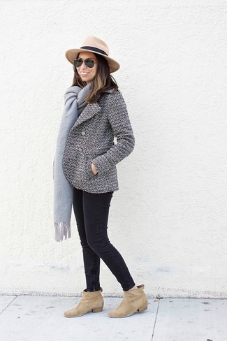 Women's Khaki Wool Hat, Tan Suede Ankle Boots, Black Skinny Jeans, White and Black Pea Coat