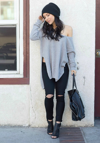 Black Ripped Skinny Jeans with Black Cutout Leather Ankle Boots Outfits: 